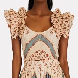 Ulla Johnson Cream and Brown Patterned Ruffle Blouse